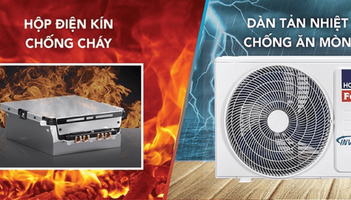 Điều hòa HSC24TMU được trang bị hộp điện kín kết hợp với tấm kim loại chống cháy giúp hạn chế nguy cơ chập điện do côn trùng, bụi bẩn hoặc hơi ẩm xâm nhập.